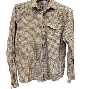 Patagonia Shirt Mens Large Long Sleeve Yellow Plaid Pockets  Button Up Organic